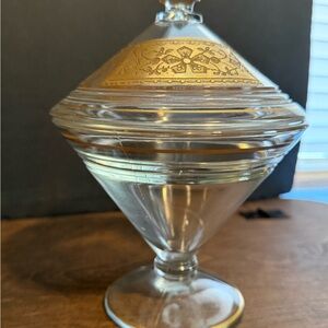 Vintage Glass Apothecary Jar with Gold Accent floral pattern. Beautiful piece.